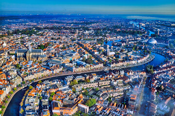 Netherlands, Haarlem - 20-03-2021: view from high above on the city of Haarlem.