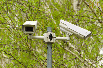 Installation of video surveillance on poles to check the security of the entrance and exit. Selective Focus