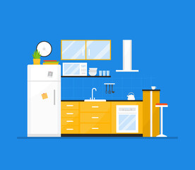Small cozy kitchen interior with furniture and stove, dishes, fridge and utensils. Flat design. Cartoon illustration.