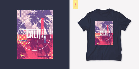 Fototapeta premium California summer graphic t-shirt design, tropical print, vector illustration