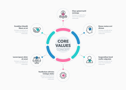 Simple concept for core value diagram with six steps and place for your description. Flat infographic design template for website or presentation.