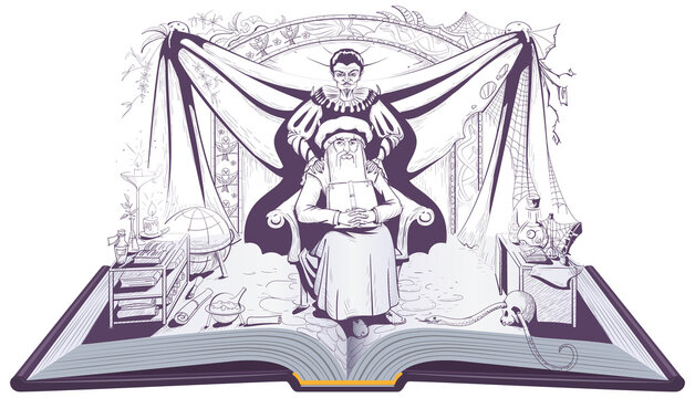 Faust and Mephistopheles devil seduces scientist alchemist. Open book vector illustration