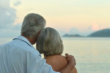 Fototapeta na wymiar Back view. Happy elderly couple resting on tropical beach