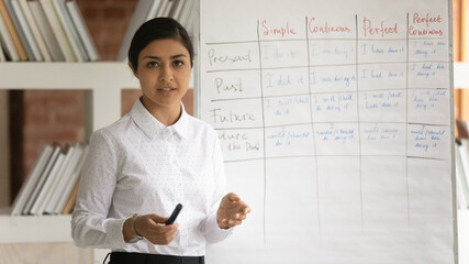 Head shot portrait Indian woman teacher making flip chart presentation, recording webinar, speaking...