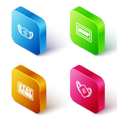 Fototapeta premium Set Isometric line Medical protective mask, Bar of soap, Stay home and icon. Vector