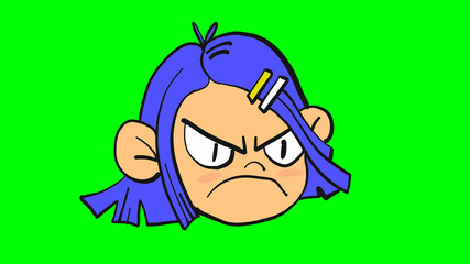 Angry girl face in cartoon style. Isolated on green screen illustration