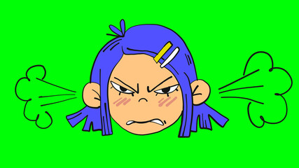 Angry girl face with steam from ears in cartoon style. Isolated on green screen illustration