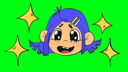 Portrait of a crying girl with choker in cartoon style. Isolated on green screen illustration