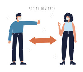 Man and woman in masks keeping safe distance. Maintain social distance concept. Hand drawn vector lettering and illustration for banner, social media