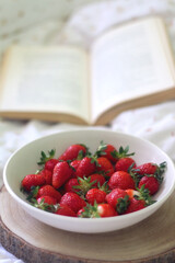 Bowl of strawberries and open book on a bed. Selective focus.