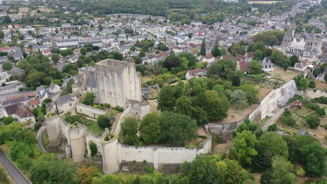 Aerial view of historic center of Loches town overlooking ancient Chateau of Anjou family with collegiate church, royal lodge and donjon, France