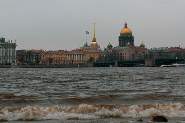 panorama of the city of St. Petersburg from the embankment overlooking the Winter Palace, the Admiralty and St. Isaac's Cathedral