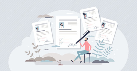 Job application or employment resume research for free vacancy tiny person concept. Work candidate documentation with CV and motivation letter after job interview vector illustration. Business labor.