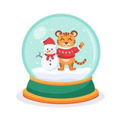 Christmas snow globe with a Tiger and snowman inside. Snow globe sphere. Vector illustration.