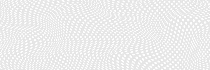 Simple wavy background. Vector illustration of polka dots pattern with optical illusion, op art. Long horizontal banner.