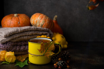 Hot tea cup with autumn decorations, Thanksgiving, autumn background, selective focus