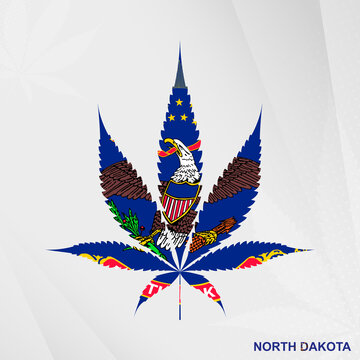 Flag of North Dakota in Marijuana leaf shape. The concept of legalization Cannabis in North Dakota.