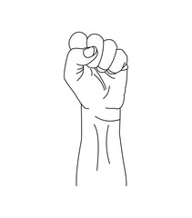 fist raised up, linear illustration, isolated image of human hand, protest gesture