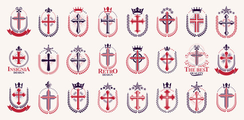 Crosses secrets emblems vector emblems big set, Christian religion heraldic design elements collection, classic style heraldry symbols, antique designs.