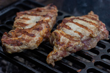 Two mouth-watering pork steaks, set diagonally, grilled on the wire rack