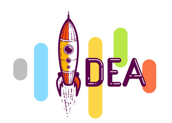 Idea word with rocket instead of letter I, creativity and brainstorm concept, vector conceptual creative logo or poster made with special font.