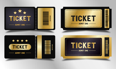 black and gold premium ticket template set, coupon design, ready to edit and use. - obrazy, fototapety, plakaty