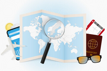 Travel destination Sweden, tourism mockup with travel equipment and world map with magnifying glass on a Sweden.