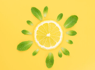 lemon slice and mint leaves around on yellow background. summer concept