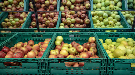 Close up of boxes with natural apples in a grocery store.