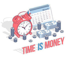 Deadline concept, table Alarm Clock and Calendar with cash money stacks and coin piles isolated on white background. Isometric vector business and finance illustration, 3d thin line design.