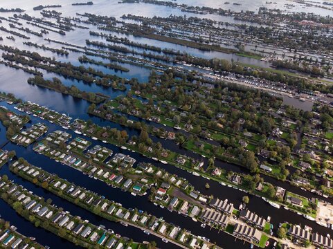 Aerial panorama view of houses on Vinkeveense Plassen lake with thousand islands river canals Utrecht Netherlands Europe