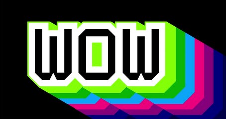 The word Wow. 4k animated with long layered multicolored shadow with the colors of a rainbow on black background. - Powered by Adobe