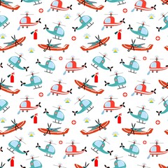 Seamless pattern with rescue helicopters and airplanes. Hand-drawn style. Design for fabrics, textiles, wallpaper, packaging, for decorating a children's room.	