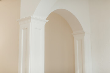 minimalistic architecture concept real white classic columns and arch greek style wall inside, wood panels columns