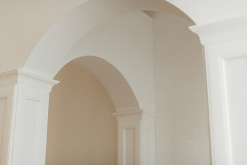 minimalistic architecture concept real white classic columns and arch greek style wall inside, wood panels columns