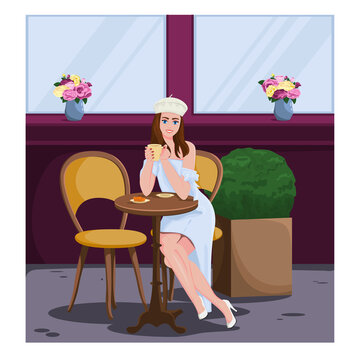 A beautiful young brunette girl sits in a street cafe in Paris, drinks coffee, and eats a croissant. A girl in a white beret and shoes. Flowers in vases. Cartoon style. Concept. Vector illustration.
