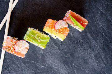 Delicious variety of sushi california rolls