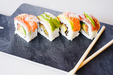 Delicious variety of sushi california rolls