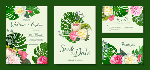Wedding invitation card template. Floral design with blooming flowers of pink and light yellow peonies, lovely roses and Anthuriums buds. Green leaves of Monstera, eucalyptus and tender gypsophila