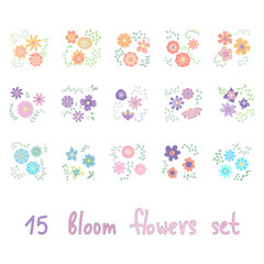 
Collection of blooming flowers isolated on white background. Bundle of flowers used in floristry. Set of decorative floral design elements. Flat cartoon colorful botanical vector illustration.

