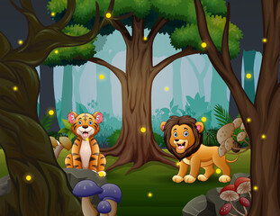 Cartoon a tiger and lion playing in the beautiful forest