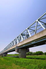初夏の江戸川に架かるつくばエクスプレスの鉄橋