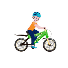 Little boy on a bicycle. A child riding a bicycle outdoors wearing a helmet. Baby posture riding bicycles in nature. cartoon vector illustration isolated on white background.