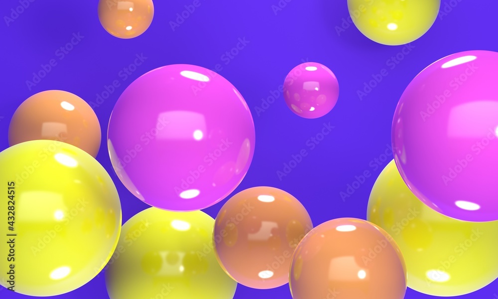Poster bright and shiny abstract background with multicolored flying balls. backdrop design for product pro