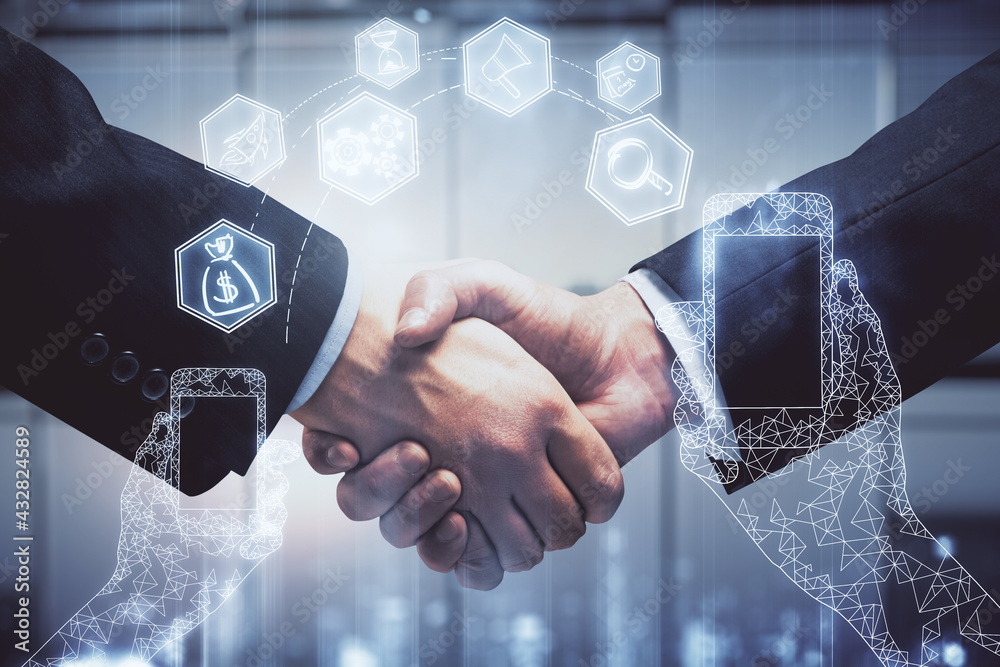 Poster double exposure of tech hologram and handshake of two men. deal concept.