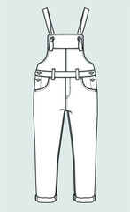 Gardener pants FLAT SKETCH. Work overalls vector. Overall Template. Jean overalls vector fashion flat sketch