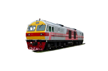 Perspective view of Passenger train hauled by the diesel electric locomotive isolated on white background with clipping path.