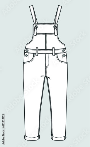 Gardener Pants FLAT SKETCH Work Overalls Vector Overall Template Jean  Overalls Vector Fashion Flat Sketch Wall Mural-DeepPurple