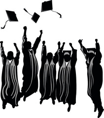 Silhouettes of graduates students celebrating and throwing caps.