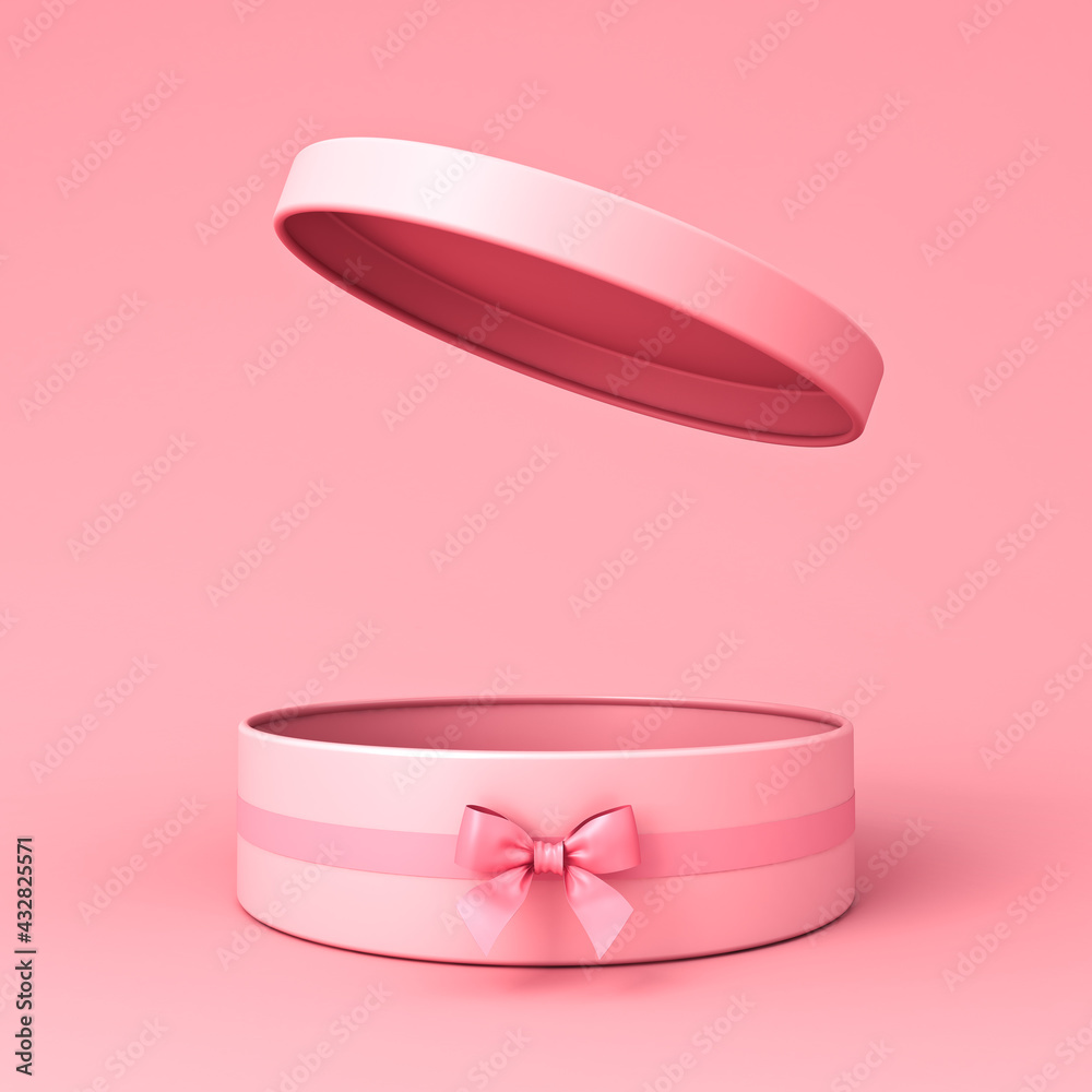 Poster blank open pink round gift box or cylinder present box with pink ribbon bow isolated on light pink o
